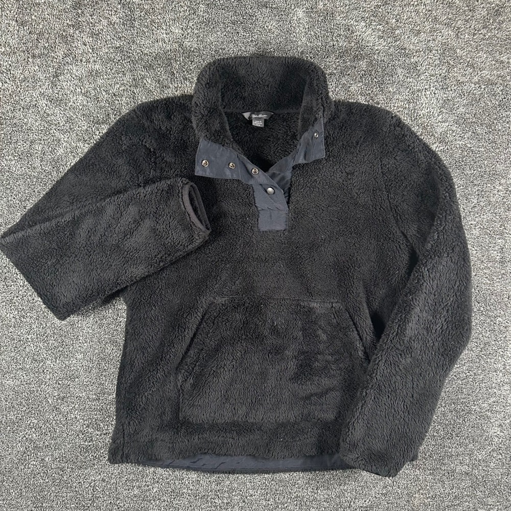 Eddie Bauer Pullover Womens M Black Fleece Snap Neck High Pile Kangaroo Pocket